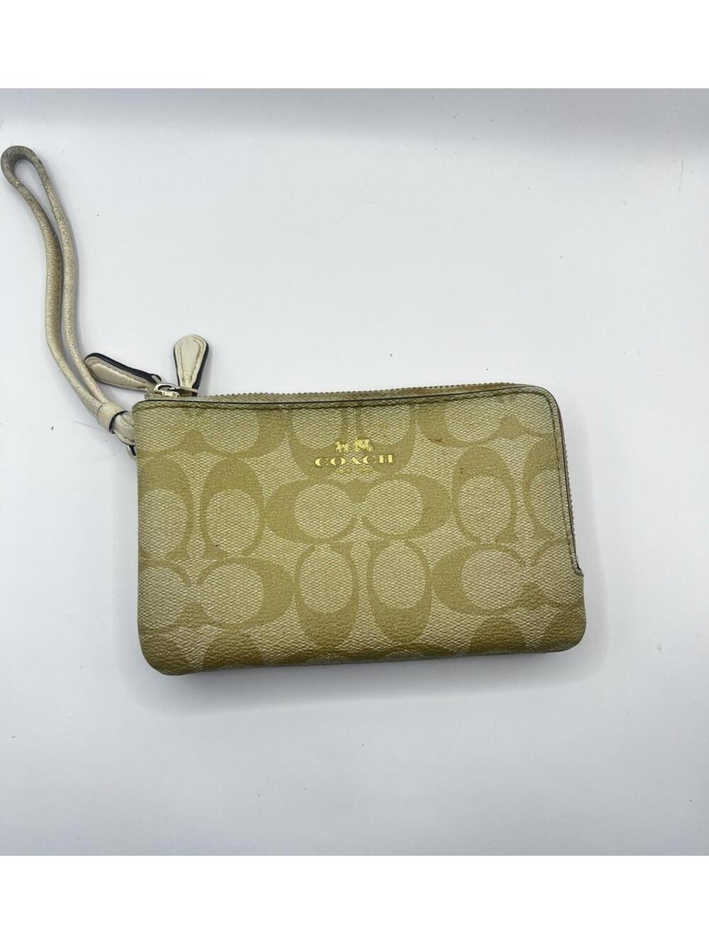Coach Double Zip Wristlet Signature Canvas Khaki Cream Travel Wallet Pouch